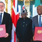 President Bola Tinubu (2nd) witnessed the signing of £746 million financing agreement between Nigeria’s finance ministry, led by Wale Edun (3rd) and parliamentary under-secretary of state and UK minister of small business and economic transformation, Blair McDougall (1st) and Citi Bank to modernise Apapa and Tin Can Island ports in Lagos at Lancaster building, London on March 19, 2026