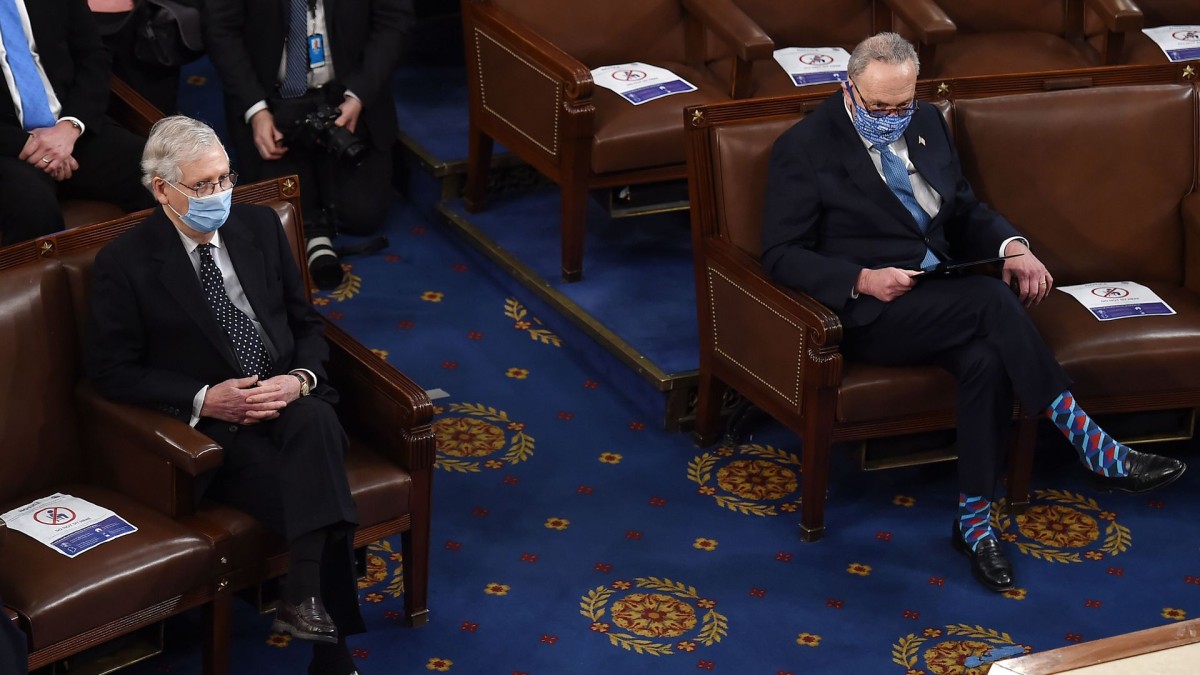 Mitch McConnell and Chuck Schumer in the US Senate Chamber (Photo: Olivier Douliery/POOL/AFP via Getty Images)