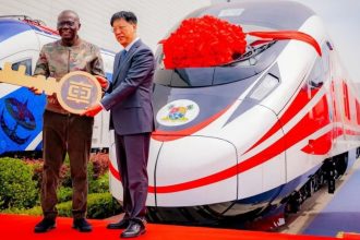 Lagos State Governor, Babajide Sanwo-Olu, taking delivery of a new set of 24-car trains for the Red Line fleet.