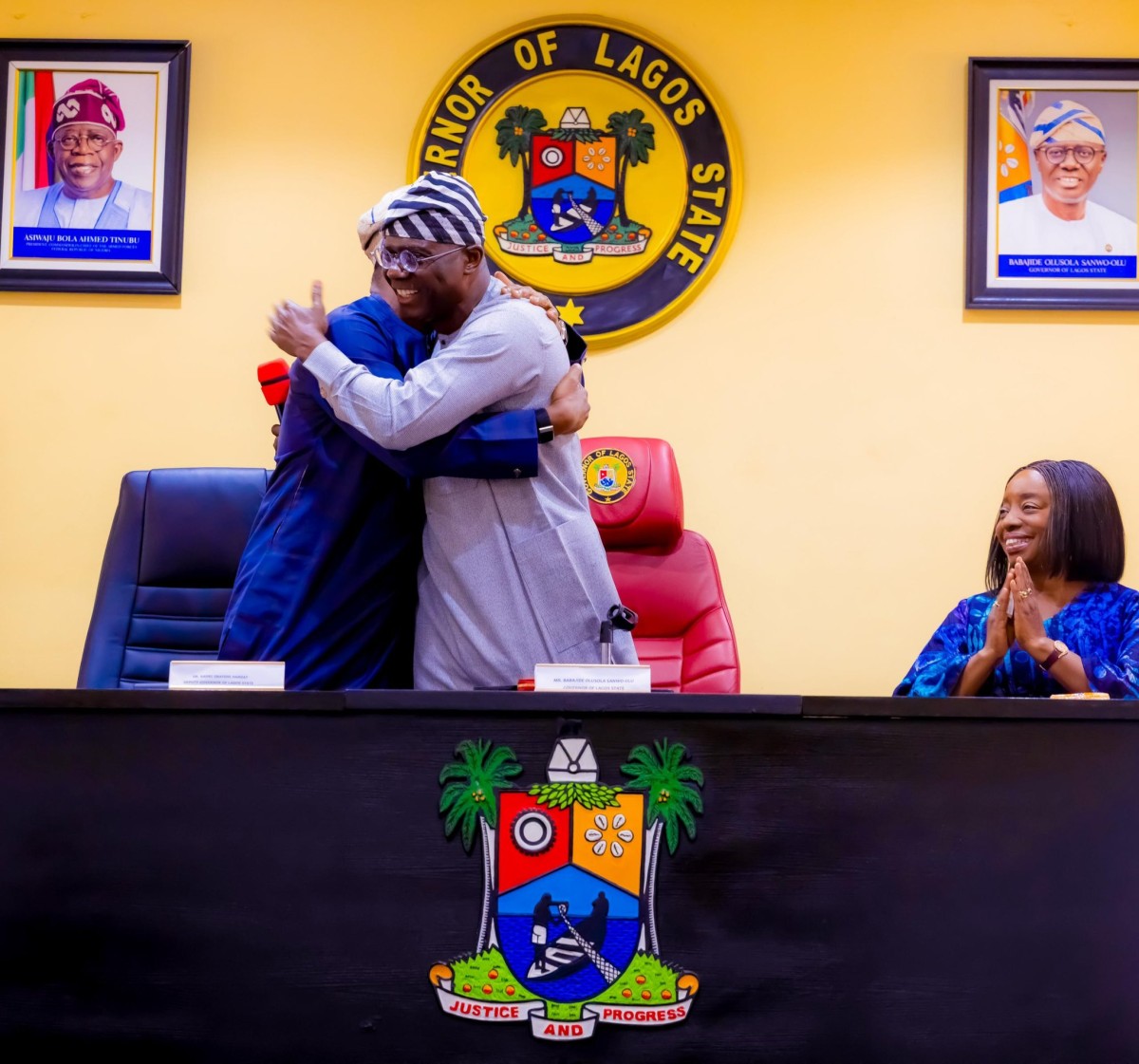 Lagos State Governor, Babajide Sanwo-Olu and his deputy, Obafemi Hamzat, embrace after the governor endorsed his 2027 governorship ambition