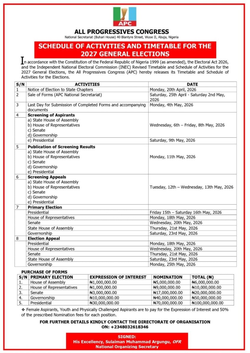 APC Releases 2027 Election Timetable, Fixes Nomination Fees