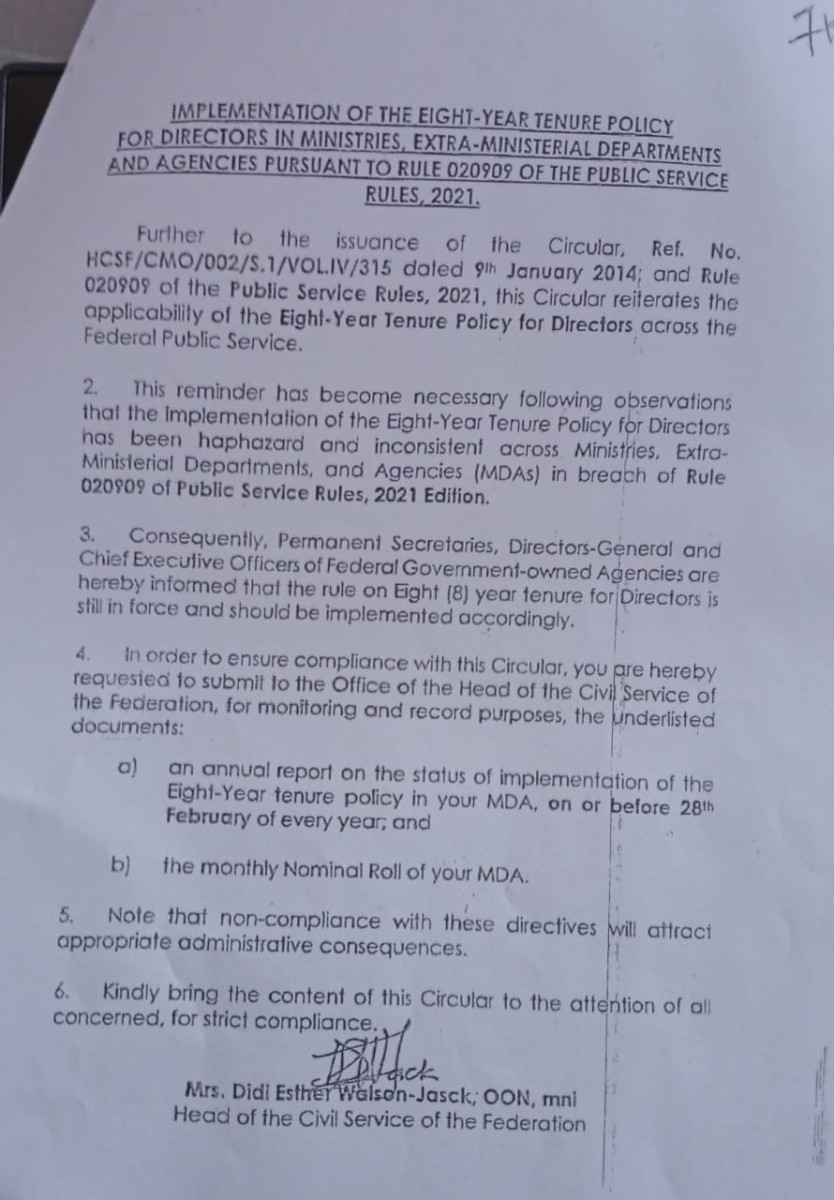 The circular by Head of the Civil Service of the Federation, Didi Esther Walson-Jack directing the implementation of the eight-year tenure policy for directors