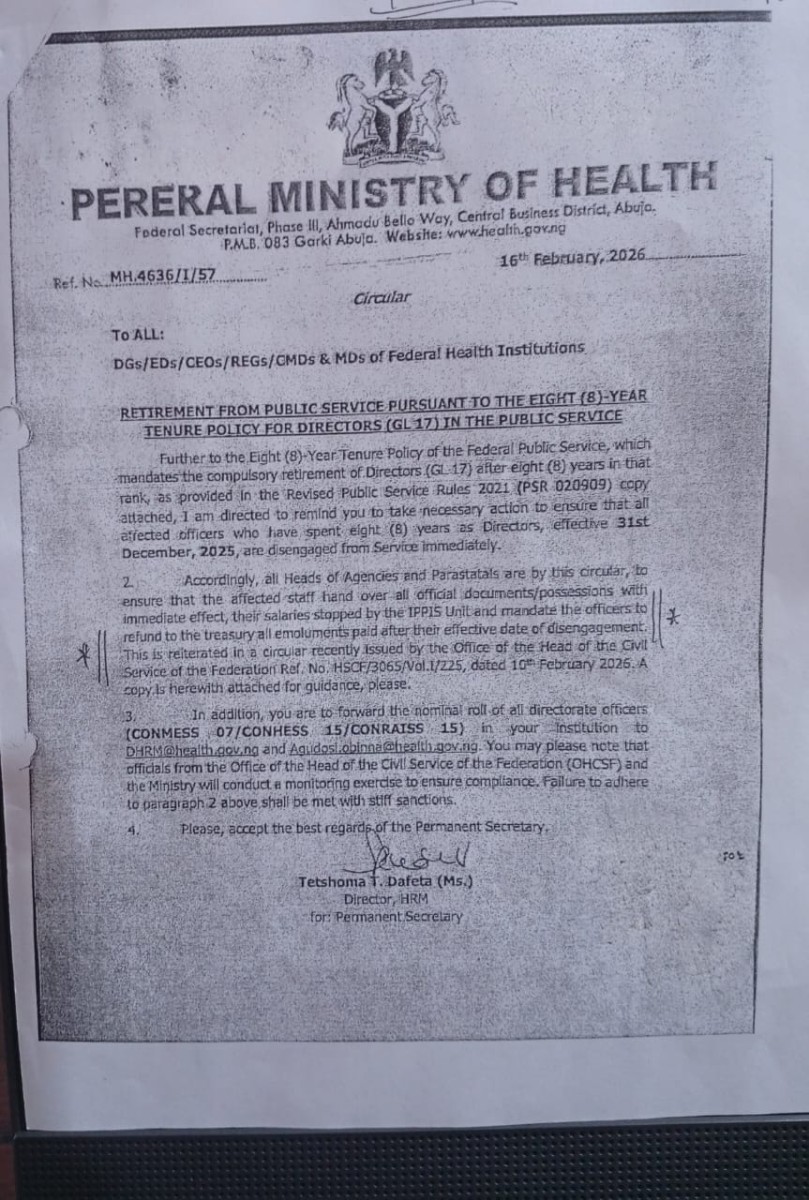 The Ministry of Health and Social Welfare circular directing NIMR and other federal health institutions to ensure the compulsory retirement of Directors (GL 17) after eight years in that rank