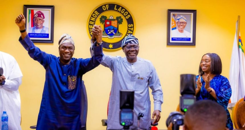 Lagos State Governor, Babajide Sanwo-Olu (Middle) raising the hand of Deputy Governor, Obafemi Hamzat (Left), in support of his 2027 governorship ambition