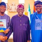 L-R: Lagos State Deputy Governor and APC consensus governorship candidate, Obafemi Hamzat; President Bola Tinubu; and Governor, Babajide Sanwo-Olu