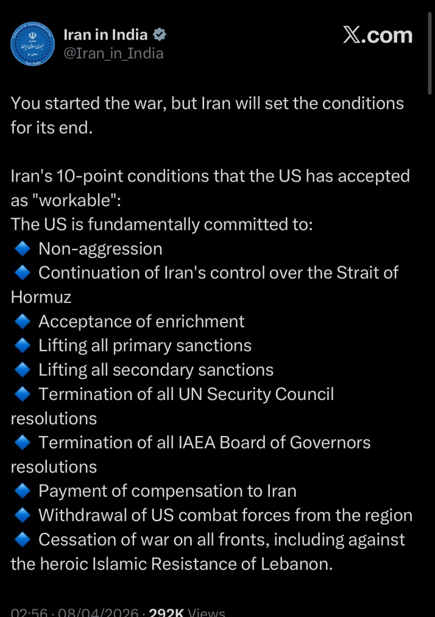 Tehran Issues 10-Point Ultimatum to Washington as Two-Week Ceasefire Commences