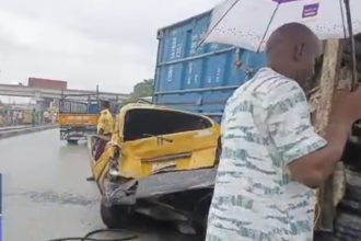 Container Truck Loses Control, Crushes Bus, Shops In Lagos