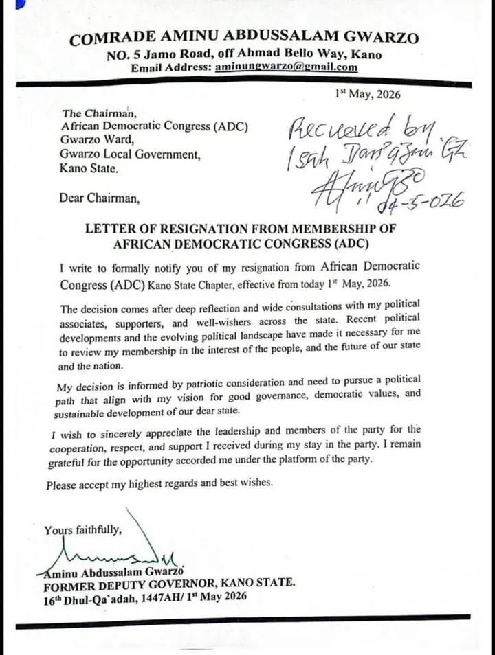 Former Kano Deputy Governor Aminu Gwarzo Resigns from ADC