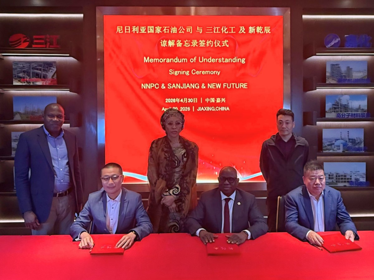 Group CEO, NNPC Ltd, Engr. Bashir Bayo Ojulari; Chairman, Sanjiang Chemical Company, Guan Jianzhong and Chairman of Xinganchen (Fuzhou) Industrial Park Operation and Management Co. Ltd, Bill Bi, signing the MoU to revive the Port Harcourt and Warri refineries in Jiaxing City, China, on Thursday, April 30, 2026.