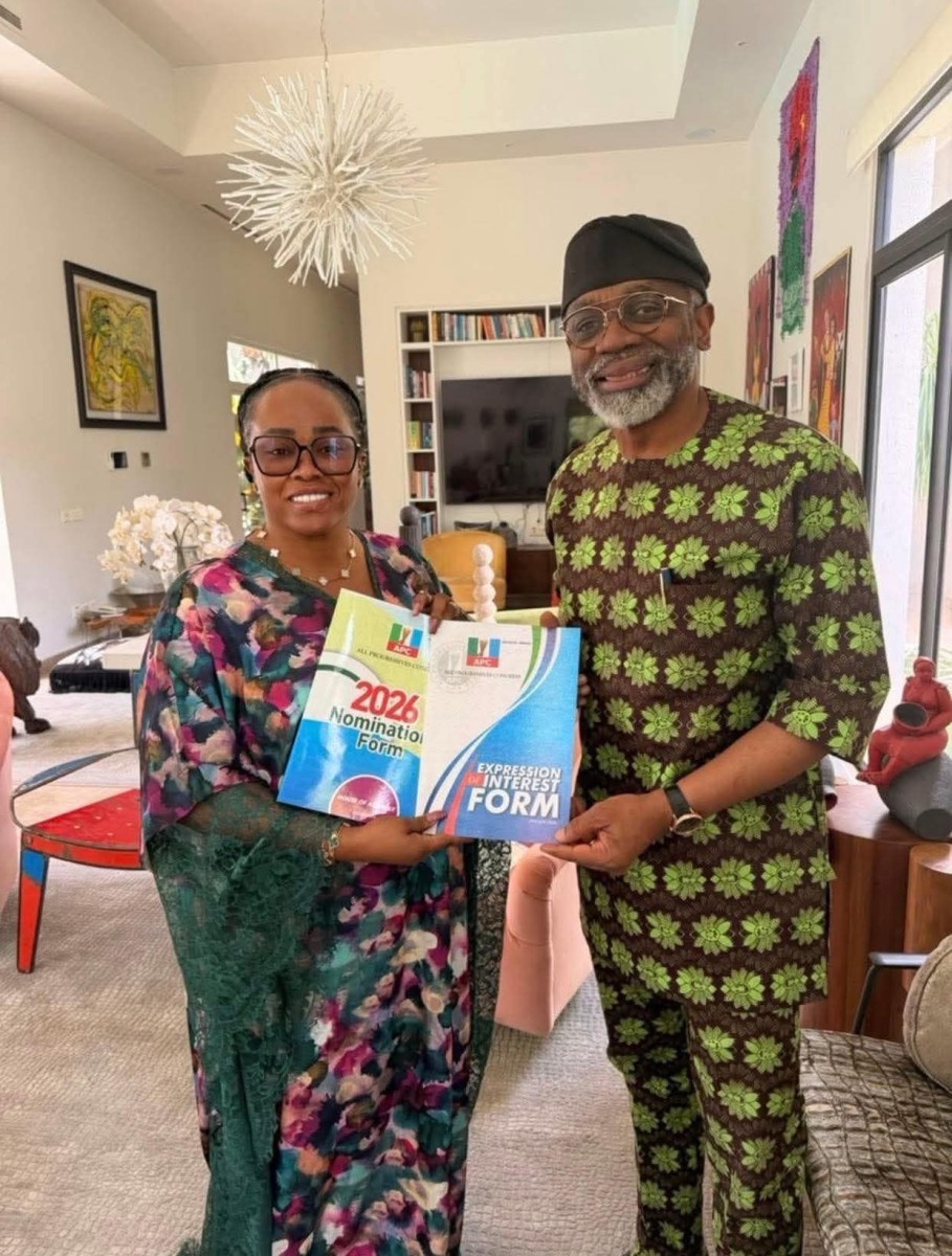 Barakat Odunuga-Bakare and Femi Gbajabiamila with the former's nomination and expression of interest forms for Surulere I APC primaries