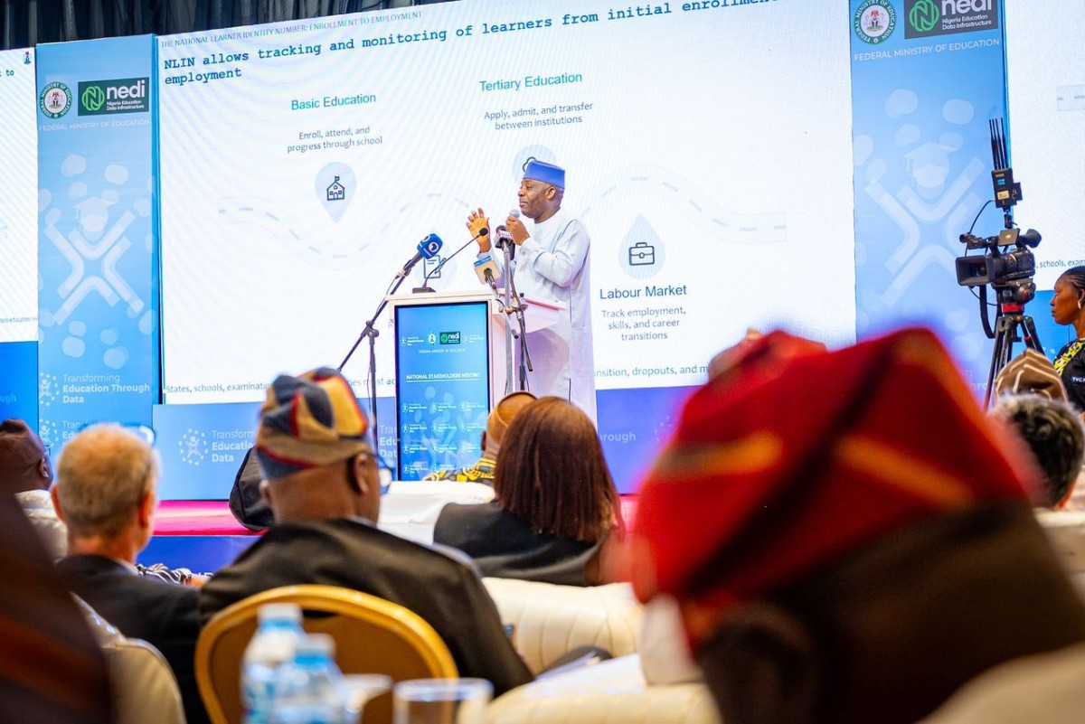 Minister of Education, Dr. Tunji Alausa, speaking at the stakeholder meeting on the National Education Data Infrastructure (NEDI)