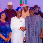 Lagos State Governor, Babajide Sanwo-Olu congratulates Deputy Governor and APC governorship candidate, Obafemi Hamzat, after winning the primary election