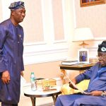 Lagos Deputy Governor, Obafemi Hamzat and APC governorship candidate, Obafemi Hamzat presenting the official results of the Lagos APC gubernatorial primary to President Bola Tinubu