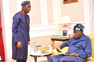 Lagos Deputy Governor, Obafemi Hamzat and APC governorship candidate, Obafemi Hamzat presenting the official results of the Lagos APC gubernatorial primary to President Bola Tinubu