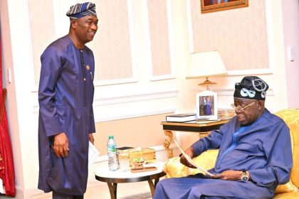 Lagos Deputy Governor, Obafemi Hamzat and APC governorship candidate, Obafemi Hamzat presenting the official results of the Lagos APC gubernatorial primary to President Bola Tinubu
