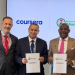 Minister of Education, Tunji Alausa, and Coursera executives with the Digital Training Academy (DTA) agreement in London