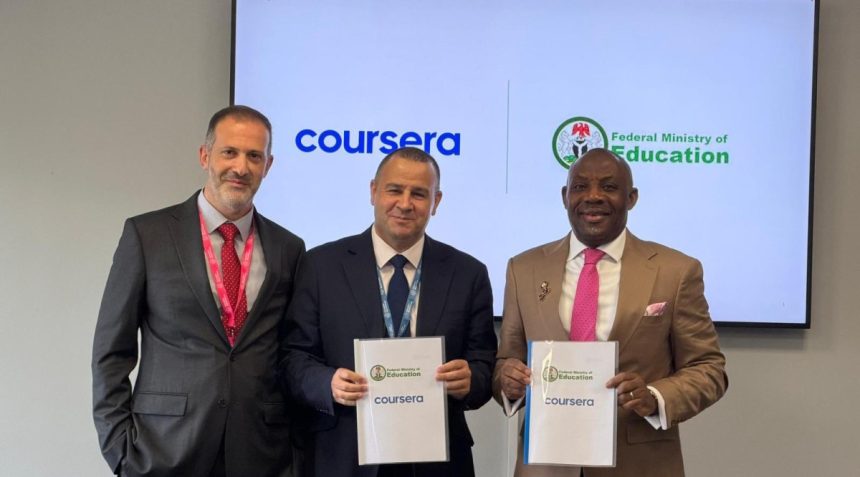 Minister of Education, Tunji Alausa, and Coursera executives with the Digital Training Academy (DTA) agreement in London