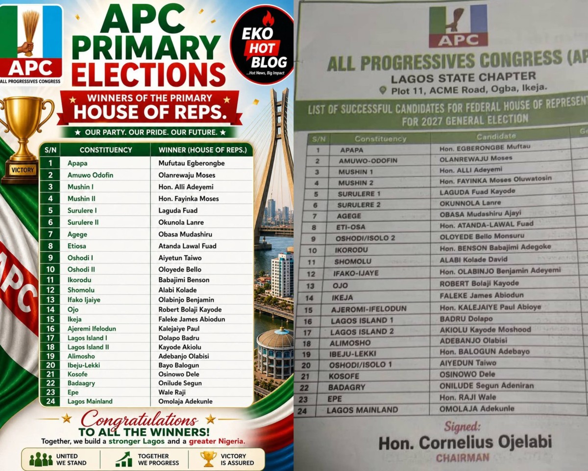 EKO HOT BLOG's list reporting the APC primary winners from Tuesday, May 19, 2026, vs the official list published by the Lagos APC and signed by its Chairman, Cornelius Ojelabi on Monday, May 25