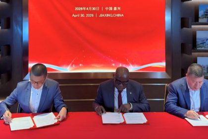 Group CEO, NNPC Ltd, Engr. Bashir Bayo Ojulari; Chairman, Sanjiang Chemical Company, Guan Jianzhong and Chairman of Xinganchen (Fuzhou) Industrial Park Operation and Management Co. Ltd, Bill Bi, signing the MoU to revive the Port Harcourt and Warri refineries in Jiaxing City, China, on Thursday, April 30, 2026.