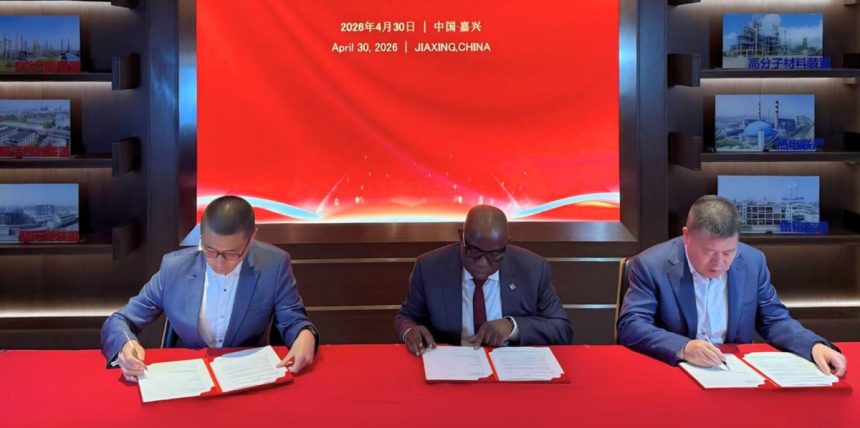 Group CEO, NNPC Ltd, Engr. Bashir Bayo Ojulari; Chairman, Sanjiang Chemical Company, Guan Jianzhong and Chairman of Xinganchen (Fuzhou) Industrial Park Operation and Management Co. Ltd, Bill Bi, signing the MoU to revive the Port Harcourt and Warri refineries in Jiaxing City, China, on Thursday, April 30, 2026.