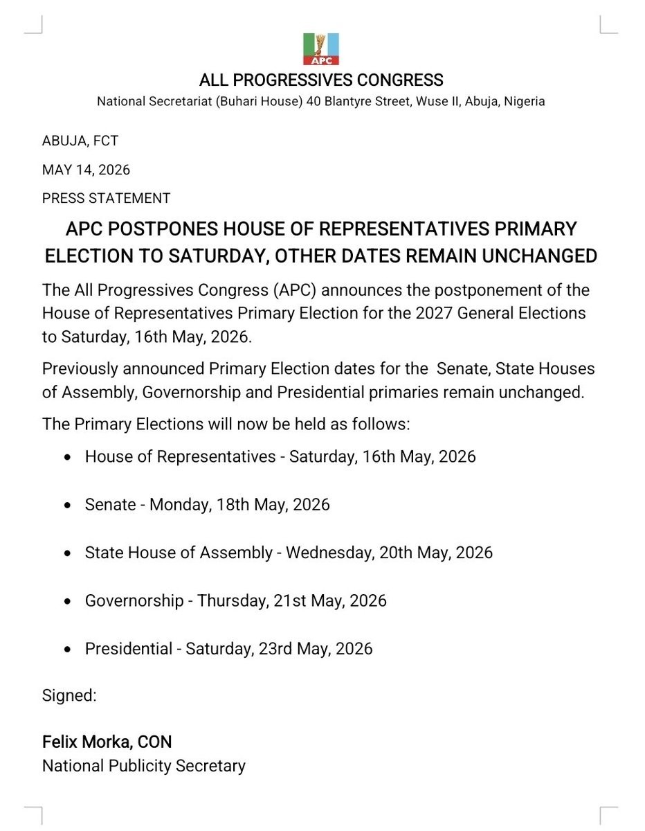 2027 Elections: APC Announces Fresh Date for Reps Primaries
