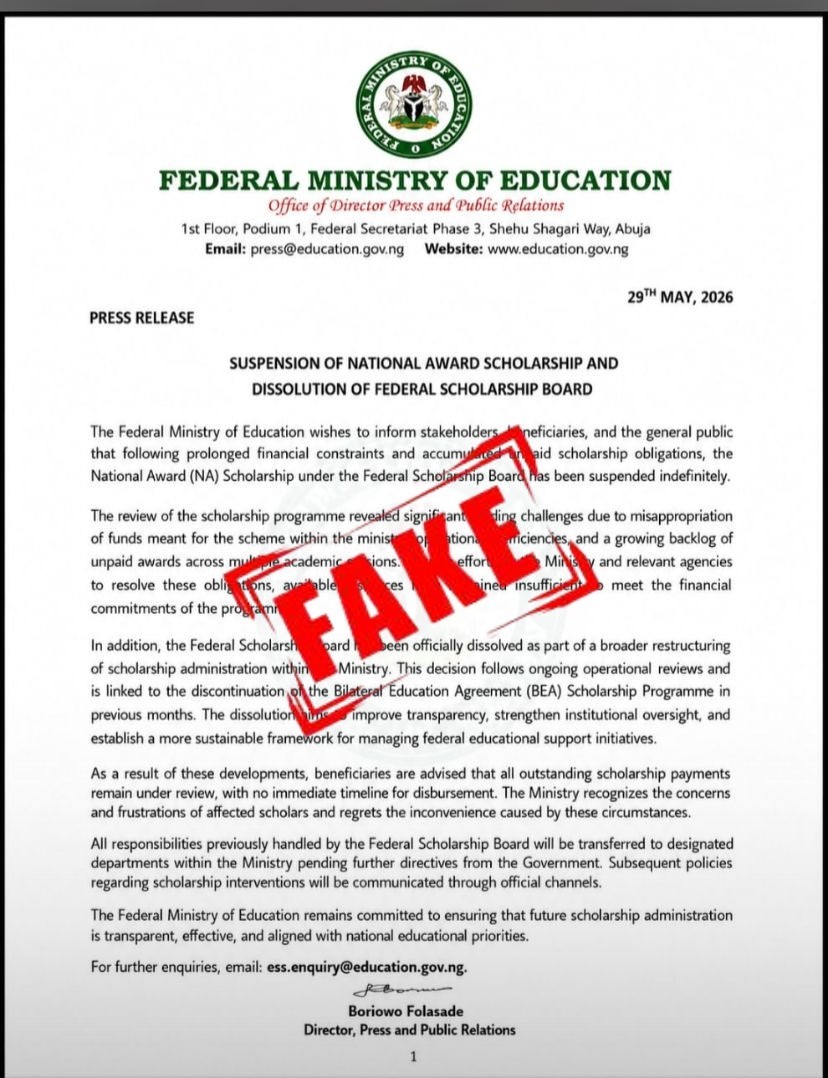 FG Denies Scrapping National Award Scholarship Scheme