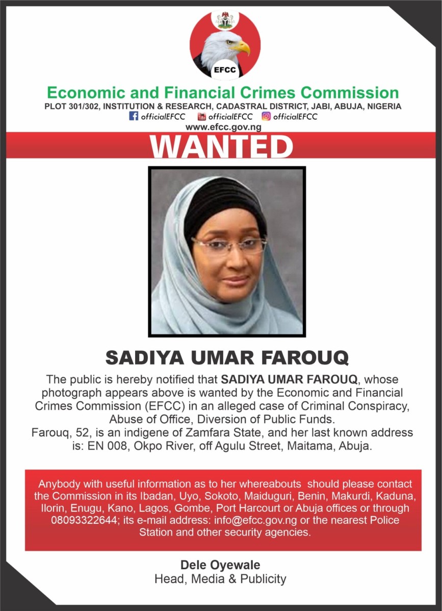 EFCC Declares Ex-Minister Sadiya Farouq Wanted
