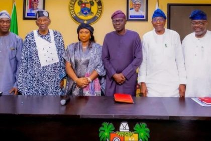 Lagos APC Deputy Governorship Candidate, Princess Damilola Sonayon-James (3rd from left) with top party leaders in the state, including Governor Babajide Sanwo-Olu and Lagos GAC Leader, Tajudeen Olusi, at the government house in Alausa on Monday, June 8, 2026