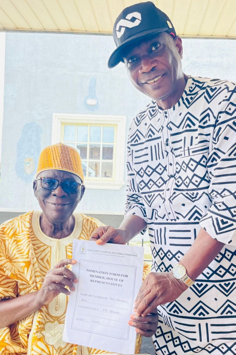 Rep. Wale Raji presenting his INEC nomination form to the APC leader in Epe, Alhaji (Chief) Shakiru Akanni Seriki Bamu