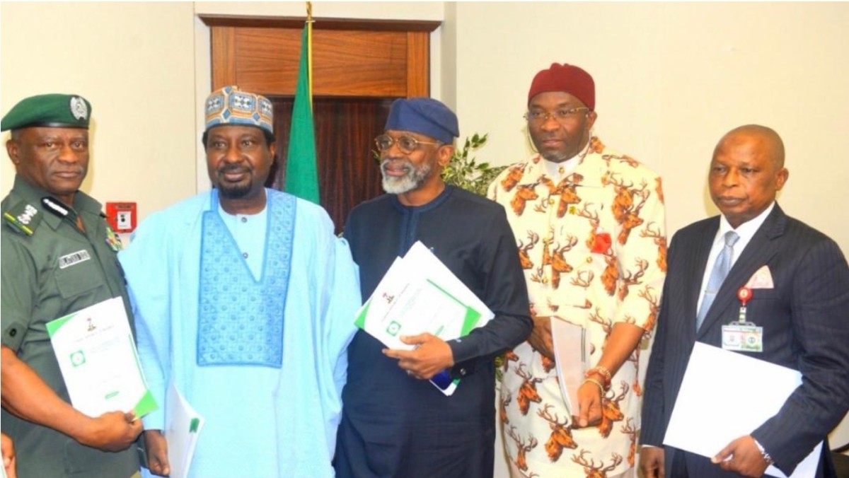L-R: Inspector-General of Police (IGP), Tunji Disu; Deputy Senate President, Jibrin Barau; President Tinubu's chief of staff, Femi Gbajabiamila; Deputy Speaker of the House of Representatives, Benjamin Kanu; and Attorney General of the Federation, Lateef Fagbemi (SAN)