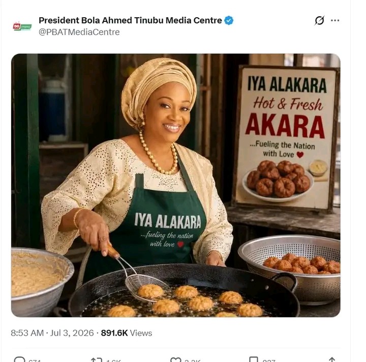 Tinubu Media Centre Sparks Outrage With AI Image Of First Lady Oluremi Tinubu Selling Akara