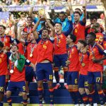 Spain's Rodri lifts the World Cup trophy alongside teammates as they celebrate winning the World Cup after a 1-0 extra-time victory over Argentina in New Jersey today. Photo: Reuters