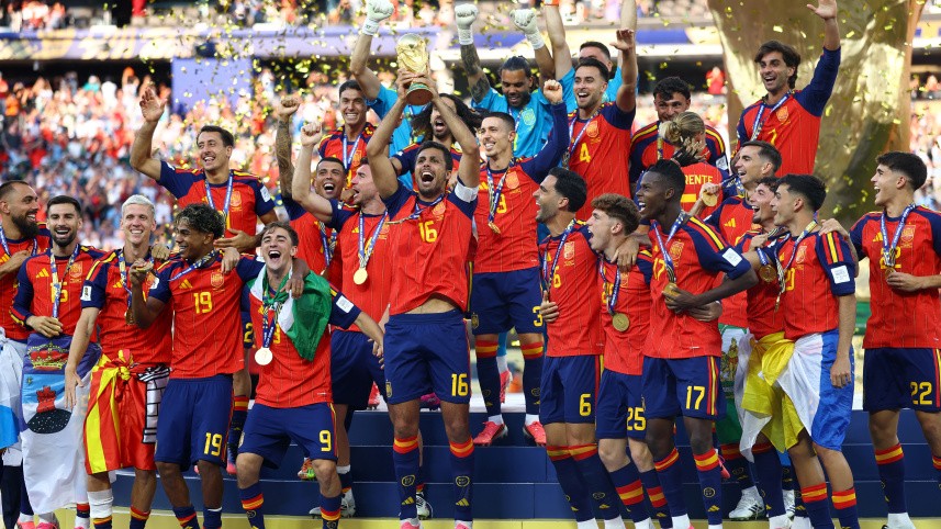 Spain's Rodri lifts the World Cup trophy alongside teammates as they celebrate winning the World Cup after a 1-0 extra-time victory over Argentina in New Jersey today. Photo: Reuters