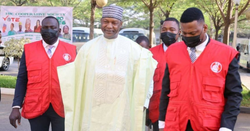 Former Attorney-General of the Federation (AGF), Abubakar Malami (middle), flanked by EFCC officers, arriving at the Federal High Court in Abuja following his arraignment over allegations bordering on money laundering