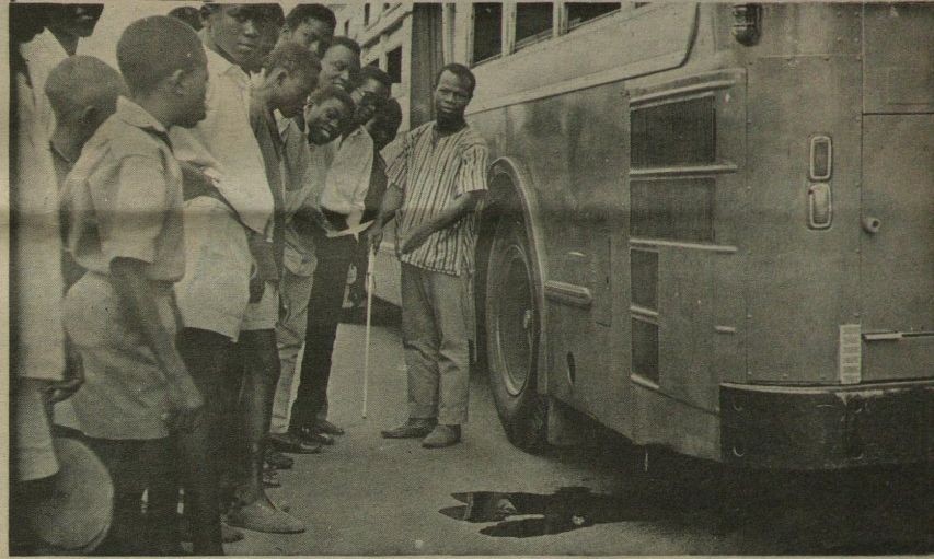 One of the 98 buses after they were launched. The black patch on the floor was the oil which leaked out from the bus (Photo: New Nigerian Newspaper)
