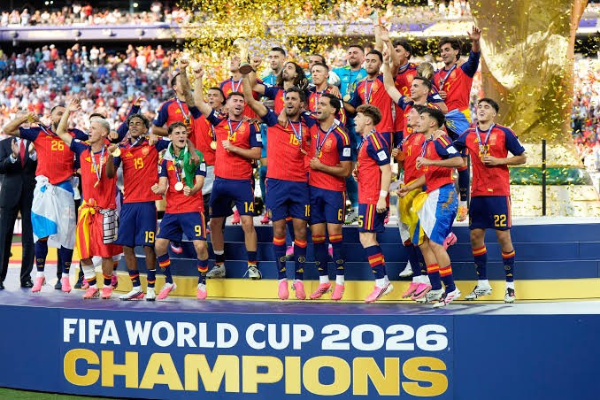 Spain lifting the World Cup trophy after winning the 2026 edition in the US