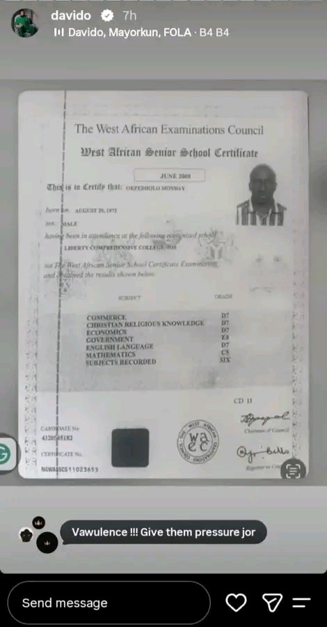 Davido Responds to Okpebholo With Alleged WAEC Result After Mocking Uncle