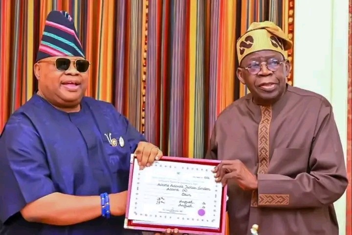 Adeleke Presents Certificate Of Return To Tinubu At Aso Villa
