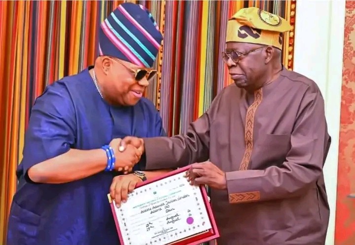 Adeleke Presents Certificate Of Return To Tinubu At Aso Villa