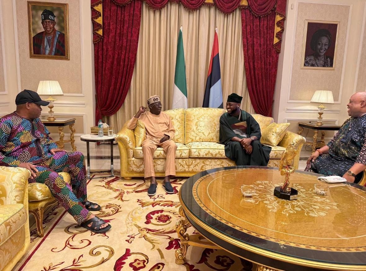 Davido during a courtesy visit to President Bola Ahmed Tinubu with His Billionaire father, Dr. Adedeji Adeleke and His Uncle and Osun State Governor, Ademola Adeleke