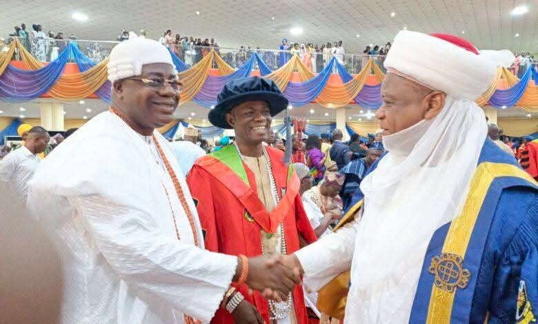 Sultan of Sokoto and Chancellor of the University of Ibadan, His Eminence Alhaji Muhammad Sa'ad Abubakar, CFR, mni, in handshakes with Alara of Ilara Kingdom, Lagos State, Oba Olufolarin Olukayode Ogunsanwo, while a fresh PhD graduate of the university, Oba Dr Mutiu Alani Adedimeji Oyede-Lawal, Oloola of Ilara Yewa, Imeko Afon Local Government Area of Ogun State, looks with keen interest, during the UI 2024/2025 convocation ceremonies in Ibadan, on Monday November 17, 2025.