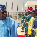 President Bola Ahmed Tinubu GCFR at the Nigerian Defence Academy (NDA) 60th Anniversary Trooping and Presentation of Colours Parade at Oliver Nzalgana Parade Ground, Afaka, Kaduna, Nigeria
