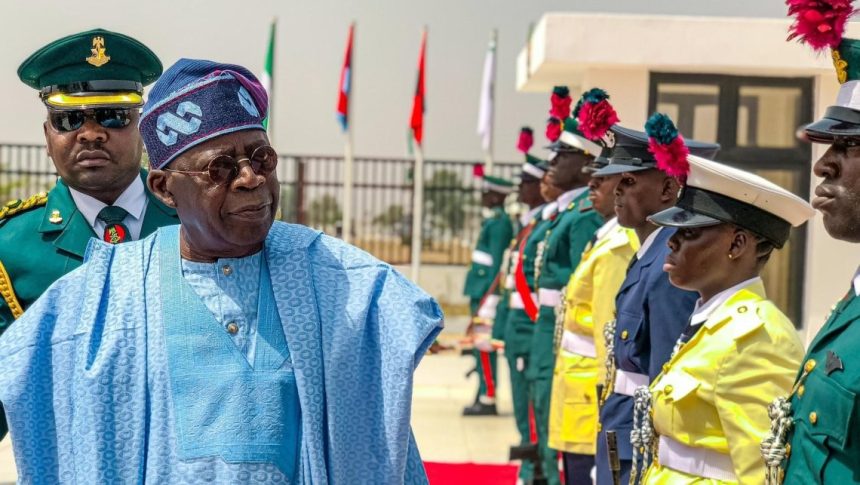 President Bola Ahmed Tinubu GCFR at the Nigerian Defence Academy (NDA) 60th Anniversary Trooping and Presentation of Colours Parade at Oliver Nzalgana Parade Ground, Afaka, Kaduna, Nigeria