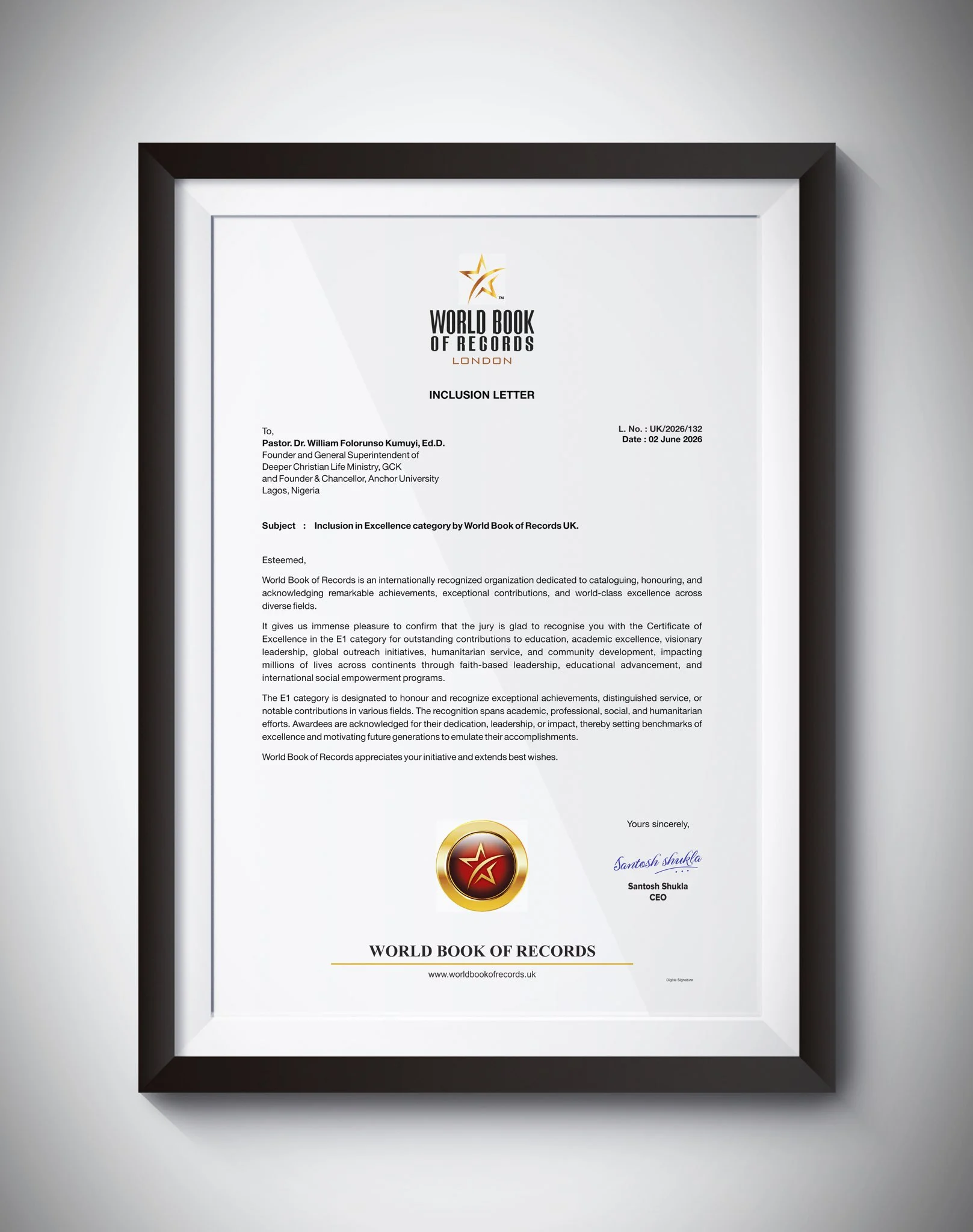 Pastor Kumuyi Receives World Book of Records Recognition