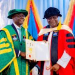 Lagos State Governor, Babajide Sanwo-Olu, presenting the Doctor of Business Administration (DBA) certificate to Alara of Ilara Kingdom, His Royal Majesty Oba Olufolarin Olukayode Ogunsanwo