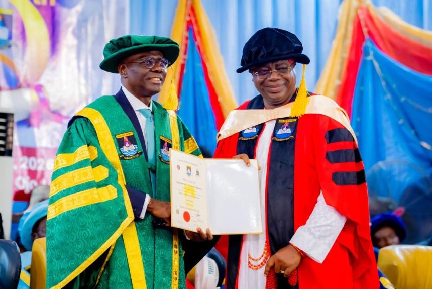 Lagos State Governor, Babajide Sanwo-Olu, presenting the Doctor of Business Administration (DBA) certificate to Alara of Ilara Kingdom, His Royal Majesty Oba Olufolarin Olukayode Ogunsanwo