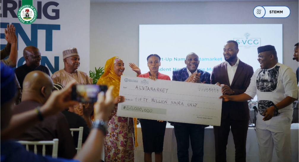 Student Venture Capital Grant beneficiary, Madueke Praise, with her N50 million grant cheque