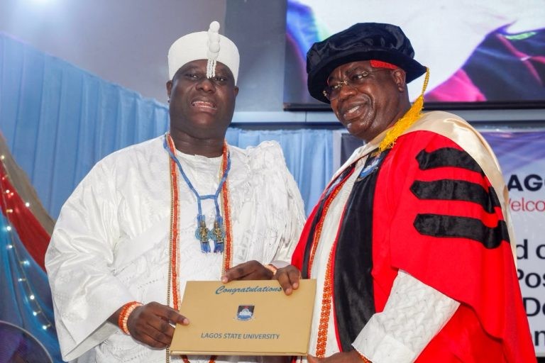 Ooni of Ife, His Imperial Majesty Oba Enitan Babatunde Ogunwusi and Alara of Ilara Kingdom and LASU Chancellor, His Royal Majesty Oba Olufolarin Olukayode Ogunsanwo, at the university's convocation ceremonies
